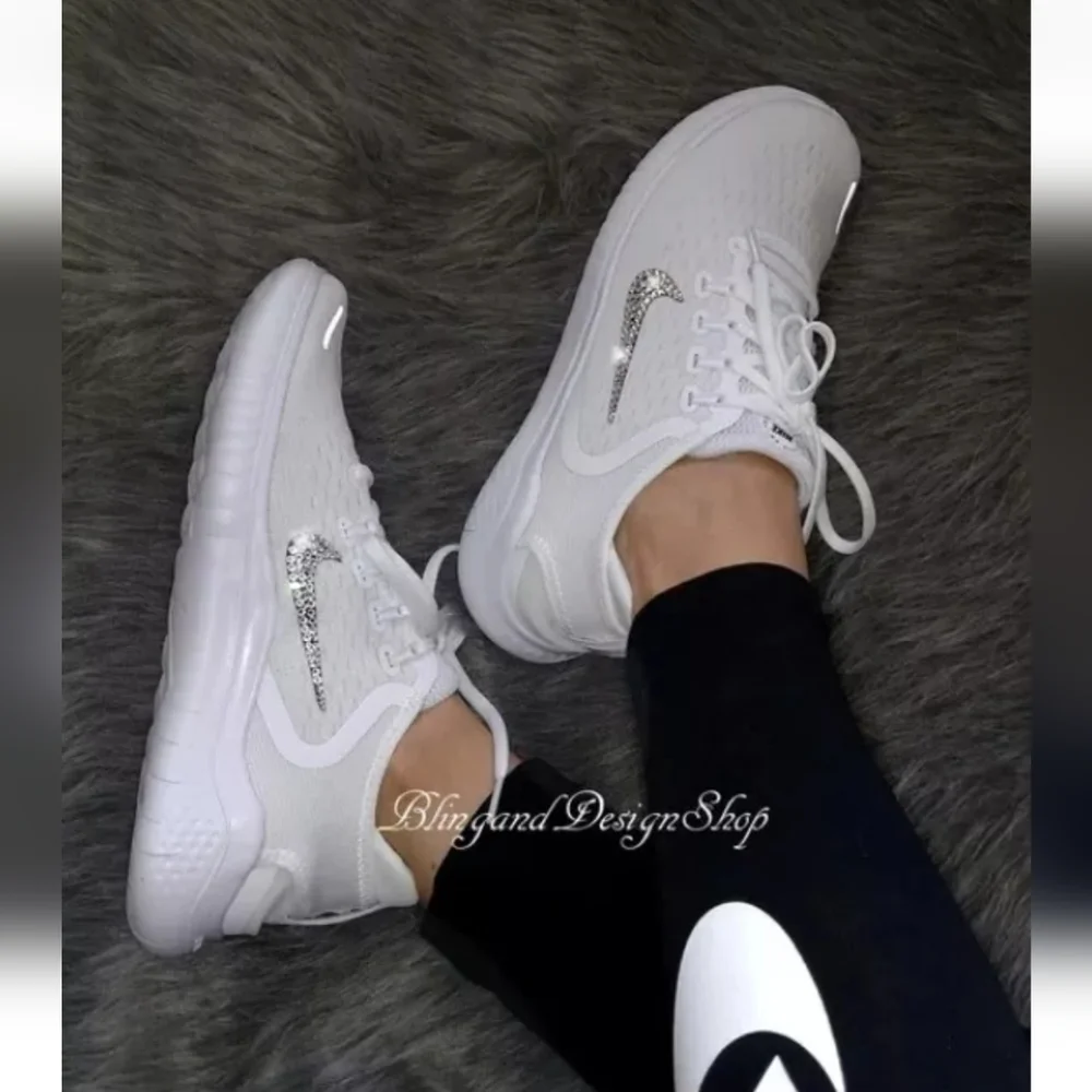 Bling Nike Free RN 2018 White Sneakers Customized with Crystal Rhinestones